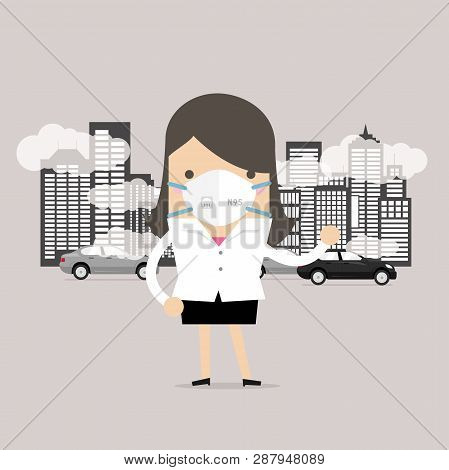 Businesswoman Wearing Protective Mask Before Going To Work. Dust Mask N95 Prevent Pm2.5,air Pollutio
