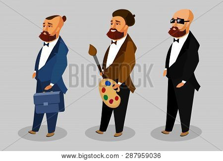 Cool Men Cartoon Vector Characters Collection. Businessman With Case Flat Clipart. Successful, Confi
