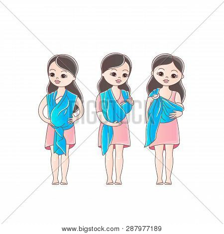 Mothers With His Babies In Sling Scarf. Three Positions Of Baby In Sling Scarf. Isolated On White Ba