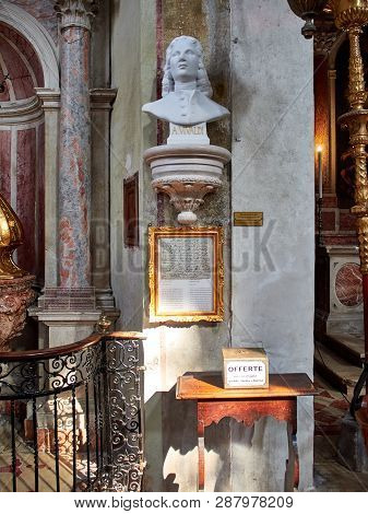 Venice, Italy - March 2, 2019 Bust Of Vivaldi In Carrara Marble Inside Of San Giovanni In Bragora Ch