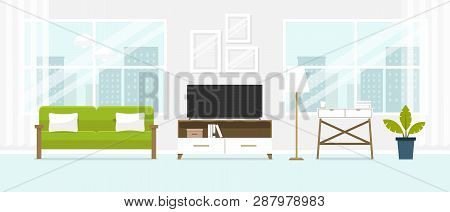 Interior Of The Living Room. Design Of A Cozy Room With Sofa, Tv Stand, Window And Decor Accessories