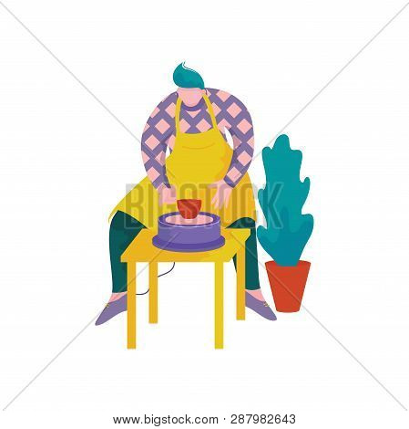 Man Ceramists Making Ceramic Pot On Wheel At Pottery Workshop, Craft Hobby Or Profession Vector Illu