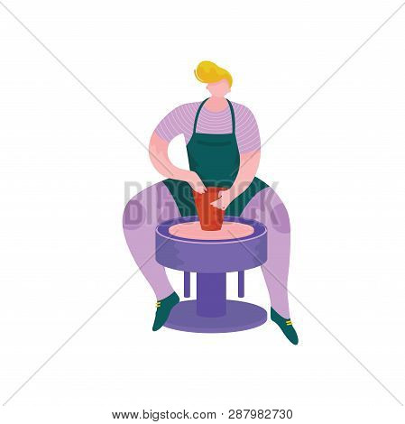 Male Ceramists Making Ceramic Pot On Wheel At Pottery Workshop, Craft Hobby Or Profession Vector Ill