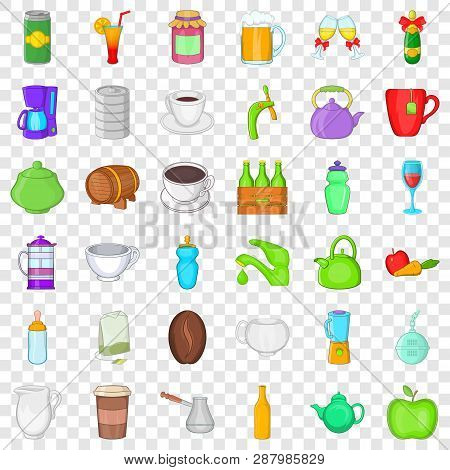 Fruit And Drink Icons Set. Cartoon Style Of 36 Fruit And Drink Vector Icons For Web For Any Design