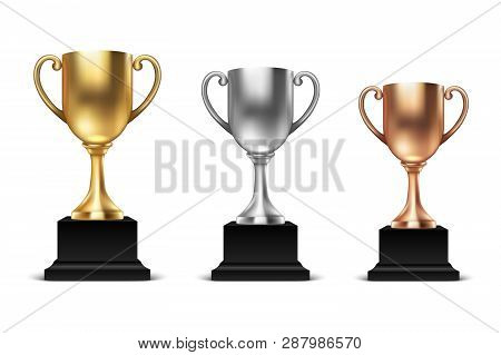 Vector 3d Blank Golden, Silver And Bronze Champion Cup Icon Set Closeup Isolated On White Background