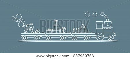 Funny Vector Illustration With Train Carries Toys: Baby Toy Musical Maracas, Designer, Bear, Gifts, 