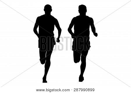 Two Male Runners Runnning Together Black Silhouette