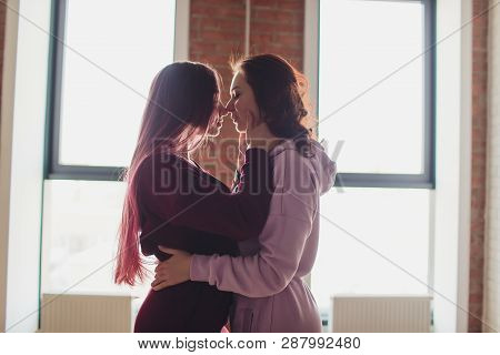 Lgbt Lesbian Women Couple Moments Happiness. Lesbian Women Couple Together Outdoors Concept. Lesbian
