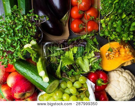 Arrangement Of Different Colorful Tasty Vegetables Fruits Background. Horizontal. Healthy Food Conce