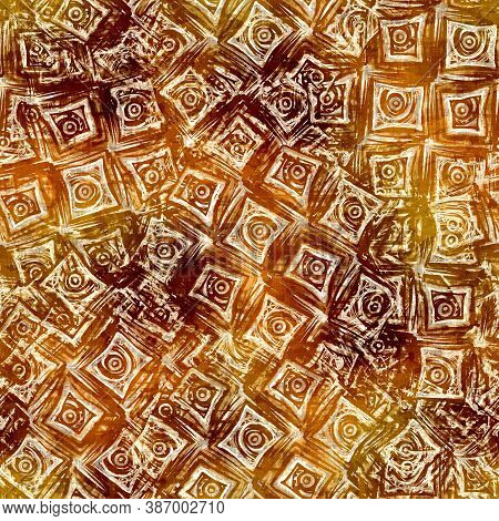Seamless Modern Sepia Brown Blockprint Collage Print. Grunge Watercolor Texture Background. Worn Mot