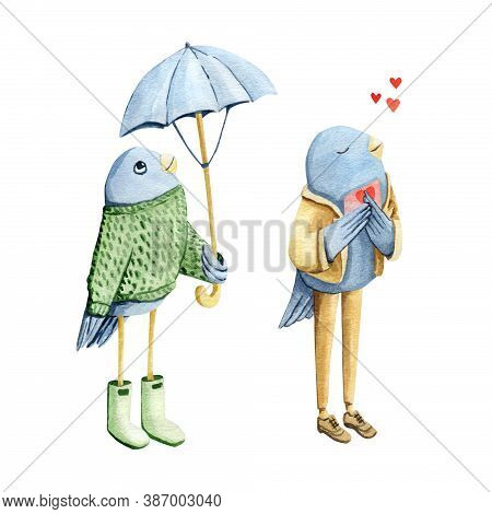 Cute Funny Blue Sparrow In Sweater And Rubber Botts With Umbrella For Autumns Postcard. Watercolor B