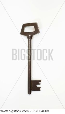 Old Key Isolated. Keys On Table. Ancient Keys, Used For Long Time. Vintage Key On White Background.