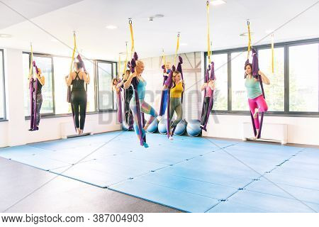 Group Of Young Women And One Muscular Man Making Antigravity Yoga Exercises. Fly Fitness. Purple Ham