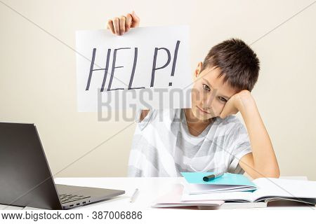 Learning Difficulties, School, Education, Online Remote Learning Concept. Tired Frustrated Boy Sitti