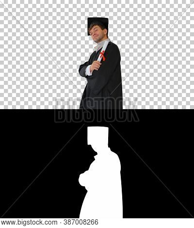 Male Student In Graduation Robe Taking Different Poses With Dipl