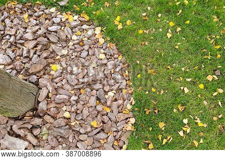 The Joint Of The Two Coatings - Grass Lawn And Ulverised Tree Bark Mulch. Tree Care And Landscaping 