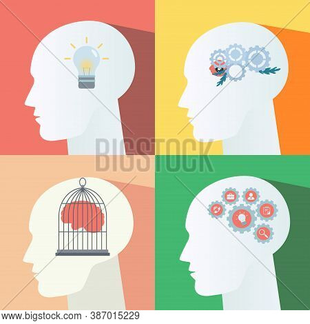 Caged Brain Inside Head. Moving Gears Inside The Head. Mental Activity. Light Bulb In The Head. Idea