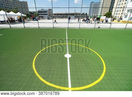 Bucharest, Romania - June 26, 2020 Mini Soccer Field With Artificial Playing Surface On Tre Roof Of 