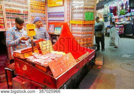 Haridwar, Garhwal, India - 3rd November 2018 : Shopkeepers Selling Holy Sindoor, The Symbolic Red Po
