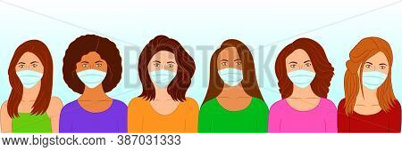 Group Of Beautiful Women Wearing Medical Masks To Prevent Corona Virus Disease, Flu, Air Pollution. 