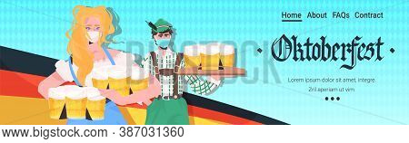 People Holding Beer Mugs Oktoberfest Party Festival Celebration Man Woman Wearing Masks To Prevent C