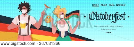 People Having Fun Oktoberfest Party Festival Celebration Man Woman Wearing Masks To Prevent Coronavi