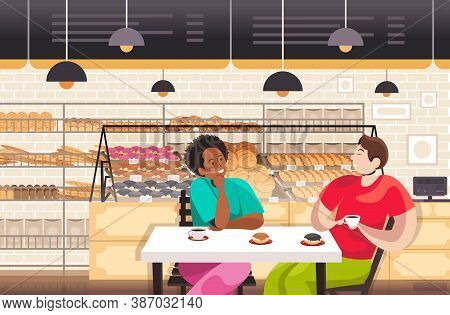 Mix Race People Drinking Coffe In Bakery Couple Discussing During Breakfast Restaurant Interior Port