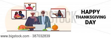 Grandparents Discussing With Children During Video Call Celebrating Happy Thanksgiving Day Online Co