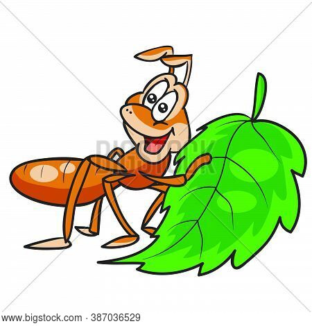 Cute Ant Character Happily Holding A Green Leaf In Its Paws, Cartoon Illustration, Isolated Object O
