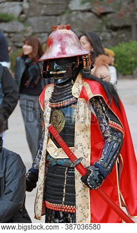 Himeji, Hyogo, Kansai, Japan November 19, 2017: Man In Samurai Dress, Tourist Can Be Take A Photo To