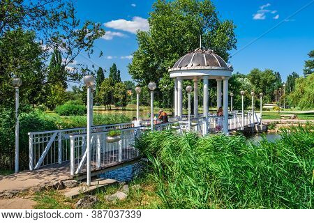 Bridge Over The Pond And Gazebo In Zaporozhye, Ukraine