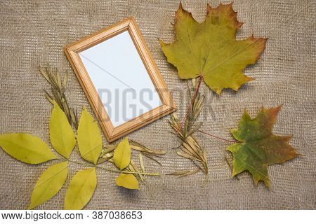 Top View Flat Lay Autumn Composition. Blank Brown Frame, Dried Barbed Plants, Straw Work And Sackclo