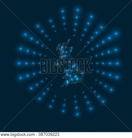 United Kingdom Digital Map. Glowing Rays Radiating From The Country. Network Connections And Telecom