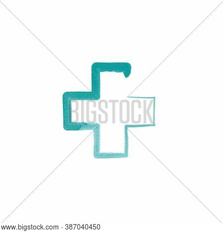Watercolor Medical Cross. Pharmacy Brush Style Emblem. Stock Vector Illustration Isolated On White B