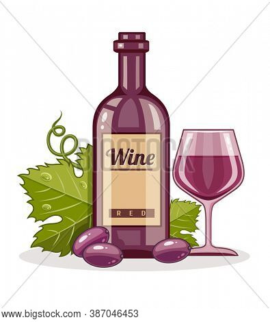 Red wine bottle and full goblet of drink. Isolated on white background. 3D illustration.