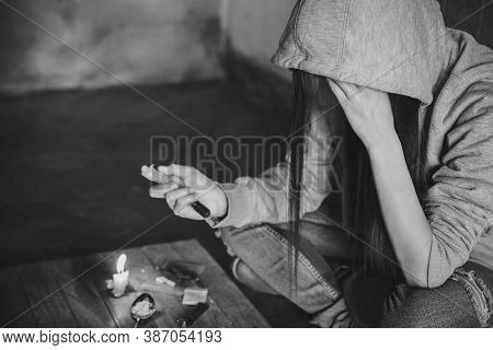 Drug Addiction. Young Woman With Drug Addiction, Anti Drug Ideas.
