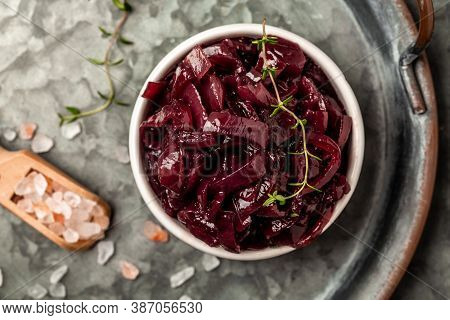 Onion Marmalade Jam Confiture In Ceramic Bow. Top View