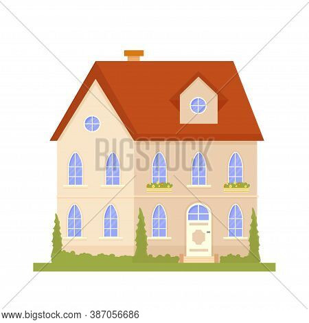 Positive, Sunny Composition With Font Of Building, House, Trees And Nature Stock Vector Illustration