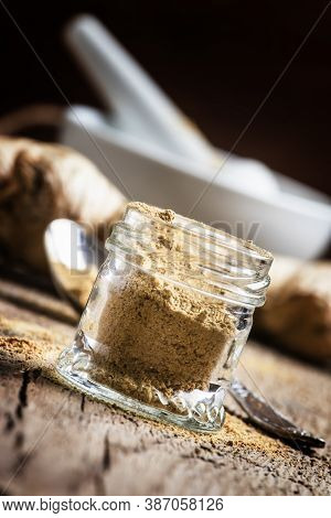 Ground Ginger, Old Wooden Background, Selective Focus