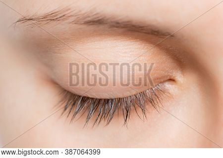 Eyelash Extensionl Before Procedure. Beautiful Woman With Long Lash In Beauty Salon