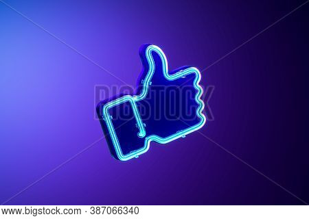 Blue Thumb Up Icon Made Of Blue Neon Lamps. Like Icon On Violet Gradient Background. 3d Rendering