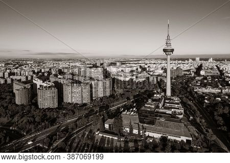 MADRID, SPAIN â MAY 13, 2018: Torrespana or Spain Tower is a television tower for National terrestrial television channels RTVE, Telecinco, Antena 3 and Telemadrid.