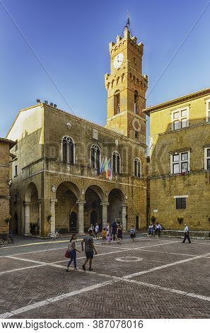 Pienza, Italy - June 23: View Of The Town Hall Of Pienza, Tuscany, Italy On June 23, 2019. It's Loca