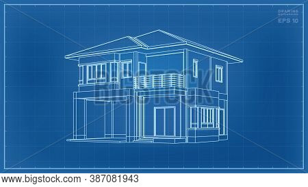3d Perspective Wireframe Of House Exterior. Vector Illustration.