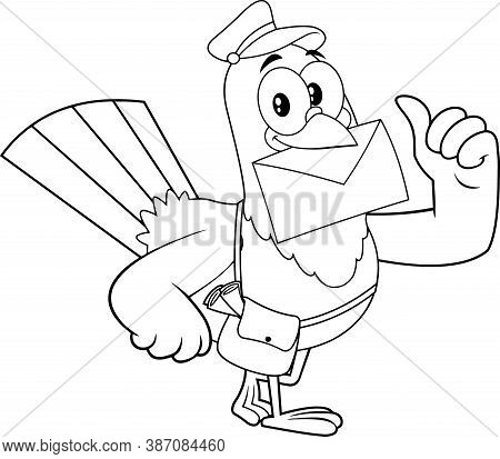 Black And White Pigeon Bird Cartoon Character Delivering Letter And Giving Thumbs Up. Raster Illustr