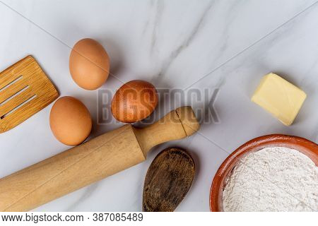 Kitchen Tools, Eggs, Flour And Butter.