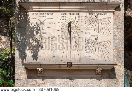 Lluc, Balearic Islands/spain; September 2020: Historical Sundial Made Of Stone Located In The Christ