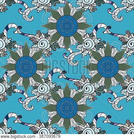 -green, Blue And Neutral Flowers. Vector Pattern. Floral Collage. Nature. Floral Background. Flower 