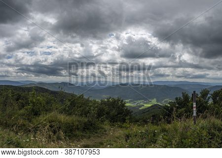 View From Ridge Of Poloniny National Park In Summer Cloudy Blue Sky Day