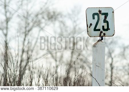 Old Sign With Number On The Background Of Trees